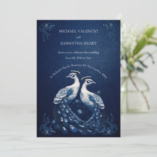 ネイビコンテンポラリーーブルーの白い牡丹結婚ク 招待状 (スタンド正面)