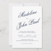 ネイビコンテンポラリーーブルー書道結婚の 招待状 (正面)