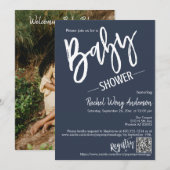 ネイビシンプルブルースクリプトベビーシャワーQRコードフォト 招待状 (正面/裏面)