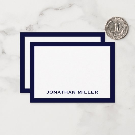 ネイビシンプルーのホワイトタイポグラフィ名 ノートカード (正面/裏面インサイチュ)