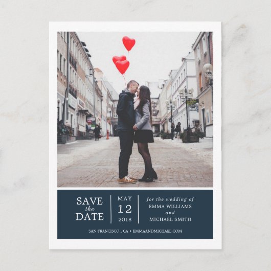 ネイビシンプルーのモダン写真と日付の保存 案内ポストカード (正面)