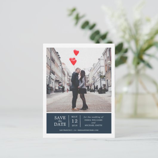 ネイビシンプルーのモダン写真と日付の保存 案内ポストカード (スタンド正面)