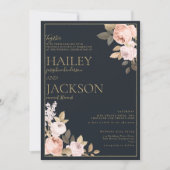 ネイビシンプルーエレガントブルー金ゴールドピンクフローラ結婚ズ 招待状 (正面)