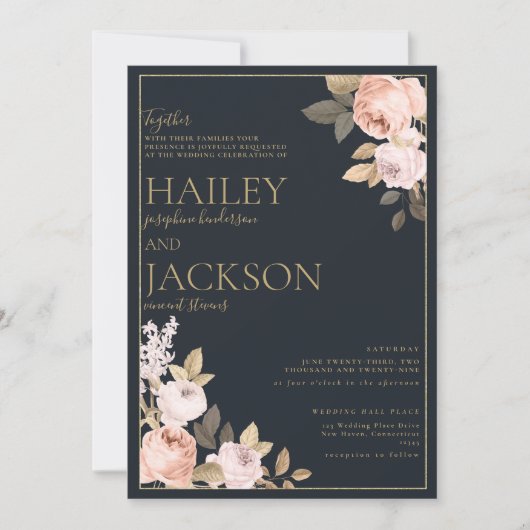 ネイビシンプルーエレガントブルー金ゴールドピンクフローラ結婚ズ 招待状 (正面)