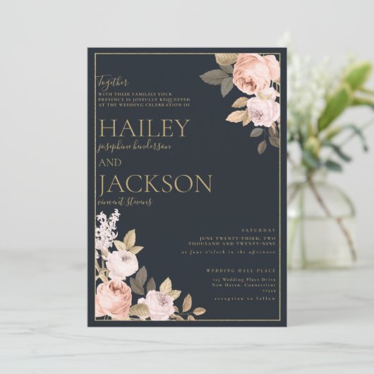 ネイビシンプルーエレガントブルー金ゴールドピンクフローラ結婚ズ 招待状 (スタンド正面)