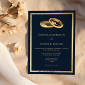 ネイビシンプルーエレガントブルー金ゴールドリング結婚ズ 招待状