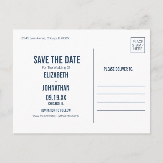 ネイビシンプルータイポグラフィウェディング日付を保存 ポストカード (裏面)