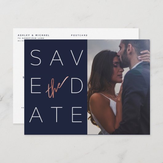 ネイビシンプルーバラ金ゴールド写真ウェディング日付を保存 案内ポストカード (正面/裏面)