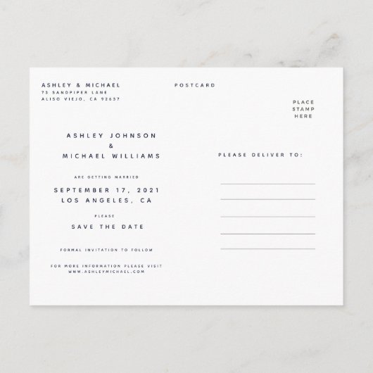 ネイビシンプルーバラ金ゴールド写真ウェディング日付を保存 案内ポストカード (裏面)