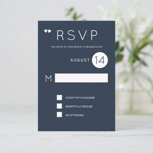 ネイビシンプルーフォーマルブルーとホワイトの結婚式の出欠 招待状 (スタンド正面)