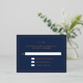 ネイビシンプルーブルモノグラムエレガントウェディングRSVP 箔招待状ポストカード (立ち正面)