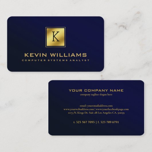 ネイビシンプルーモダンブルーと金ゴールド幾何学的アクセント 名刺 (正面/裏面)