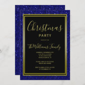 ネイビスタイリッシューグリッター、金ゴールド枠クリスマスパーティー 招待状 (正面/裏面)