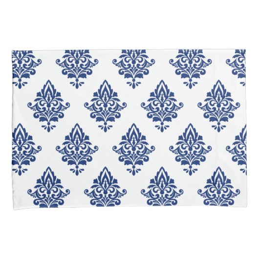 ネイビスタイリッシューブルーとホワイトダマスクパターン(の模様が)ある 枕カバー (正面右)