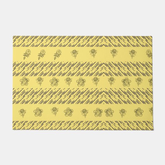 ネイビスタイリッシューブルーストライプフローラプリントオン黄色 ドアマット (正面)