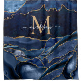 ネイビスタイリッシューブルー金ゴールドアゲートジオードシックモノグラム シャワーカーテン (正面)