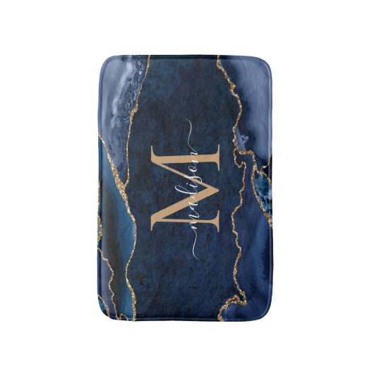 ネイビスタイリッシューブルー金ゴールドアゲートジオードシックモノグラム バスマット (正面縦)