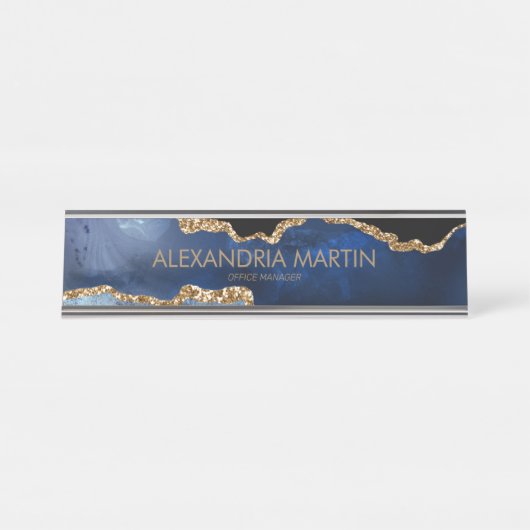ネイビスタイリッシューモダンブルー金ゴールドグリッター事務所 デスクネームプレート (正面)