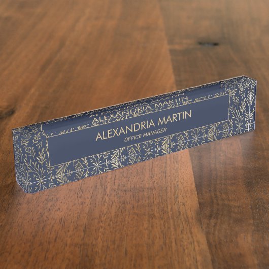 ネイビスタイリッシューモダンブルー金ゴールド葉プロフェッショナル デスクネームプレート (側面)