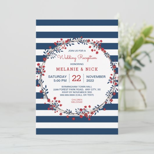 ネイビストライプフローラ結婚式の受付パーティー招待状 招待状 (スタンド正面)