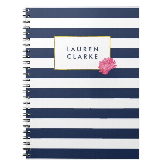 ネイビストライプーと水彩色ピンク牡丹ノート ノートブック (正面)