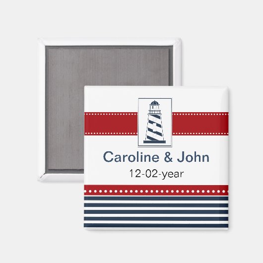 ネイビストライプーのライトハウス航海の日付を保存 マグネット (正面/裏面)