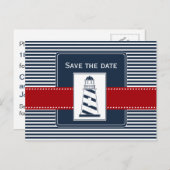 ネイビストライプーのライトハウス航海の日付を保存 案内ポストカード (正面/裏面)