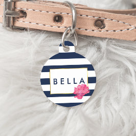ネイビストライプーペットタグ&ピンク牡丹 ペット　ネームタグ