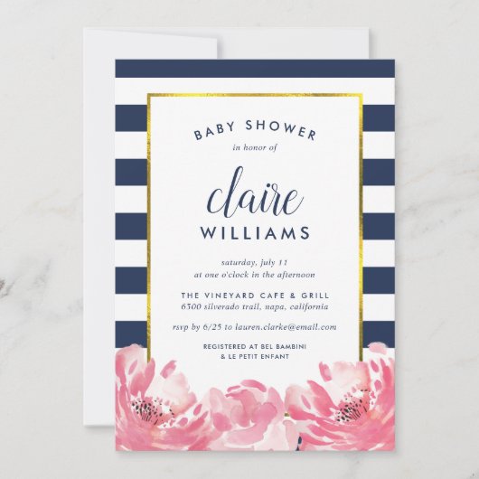 ネイビストライプー招待状&ピンク牡丹ベビーシャワー 招待状 (正面)