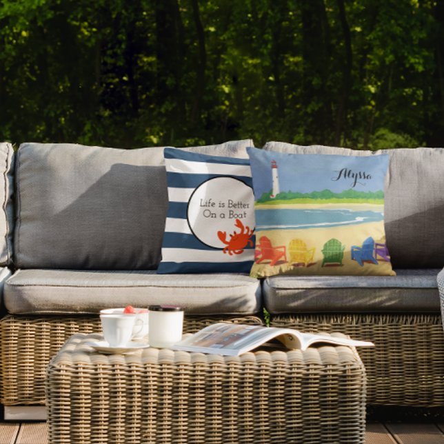 ネイビストライプー航海のーのカニパーソナライズされた枕 アウトドアクッション (クリエイターアップロード済み)