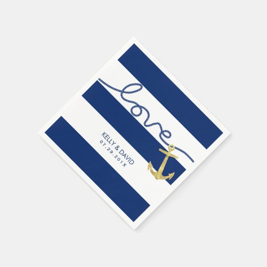 ネイビストライプー金ゴールドいかり結び目の結婚 スタンダードカクテルナプキン (角)