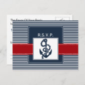 ネイビストライプー、いかり、ウェディング航海のrsvp インビテーションポストカード (正面/裏面)