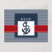ネイビストライプー、いかり、ウェディング航海のrsvp インビテーションポストカード (正面)