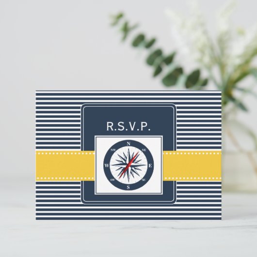 ネイビストライプー，コンパ航海のスウェディングrsvp 3.5 x 5 出欠カード (スタンド正面)