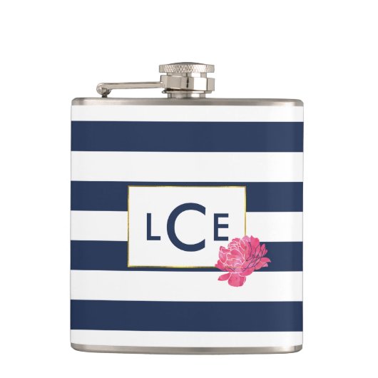 ネイビストライプー&ピンクピーニーモノグラムフラスコ フラスク (正面)
