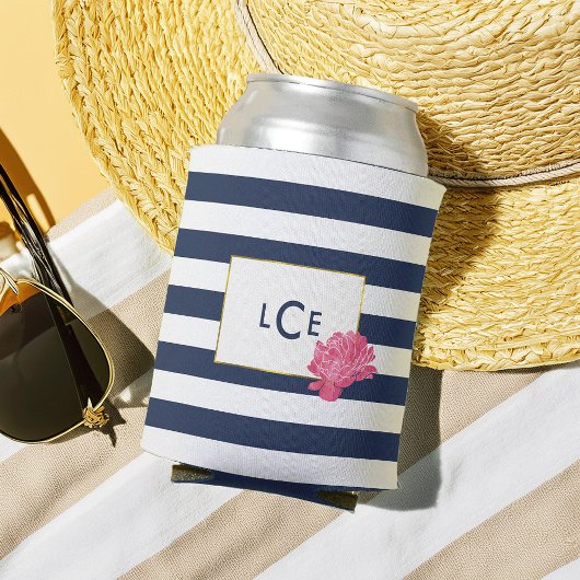 ネイビストライプー&ピンクピーニーモノグラム 缶クーラー