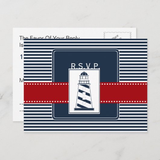 ネイビストライプー、ライトハウス、ウェディング航海のrsvp インビテーションポストカード (正面/裏面)