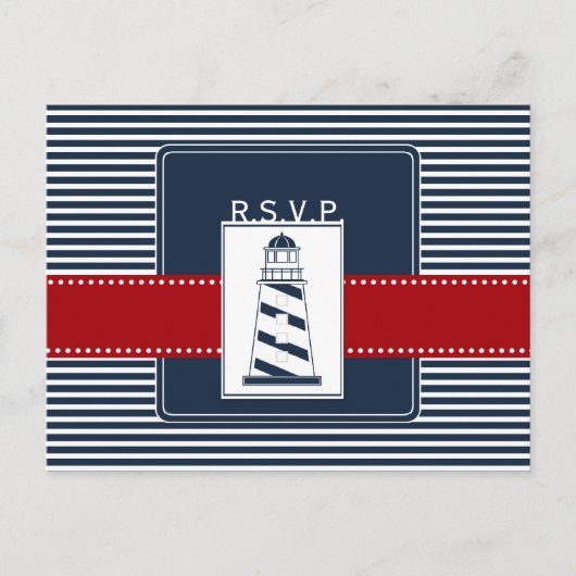ネイビストライプー、ライトハウス、ウェディング航海のrsvp インビテーションポストカード (正面)