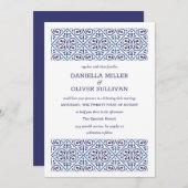ネイビスペインのーインディゴ地中海のタイル結婚ズ 招待状 (正面/裏面)