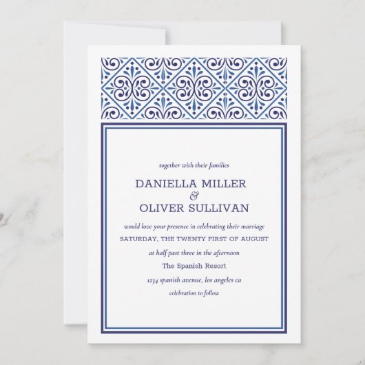 ネイビスペインのータイル地中海のフレ結婚ーム 招待状 (正面)