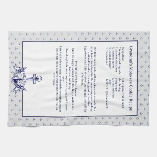 ネイビパーソナライズされたーいかり航海のレシピ記念 キッチンタオル (横)