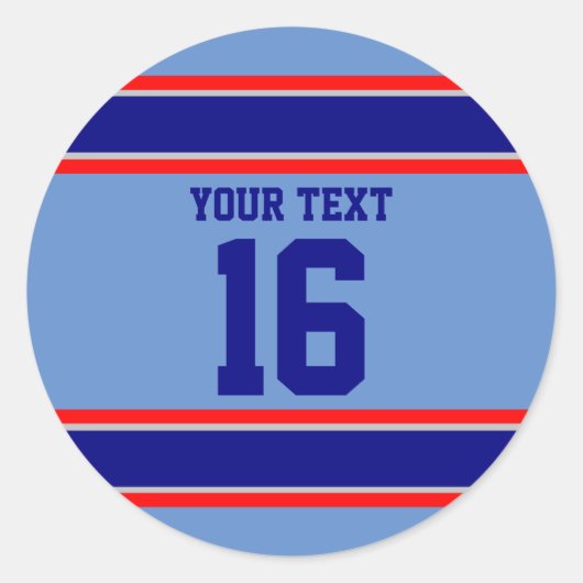 ネイビパーソナライズされたーとライトブルーのスポーツストライプ選手 ラウンドシール (正面)