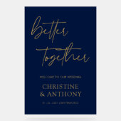 ネイビパーソナライズされたーと金ゴールドが一緒に結婚良い アクリルサイン (正面)