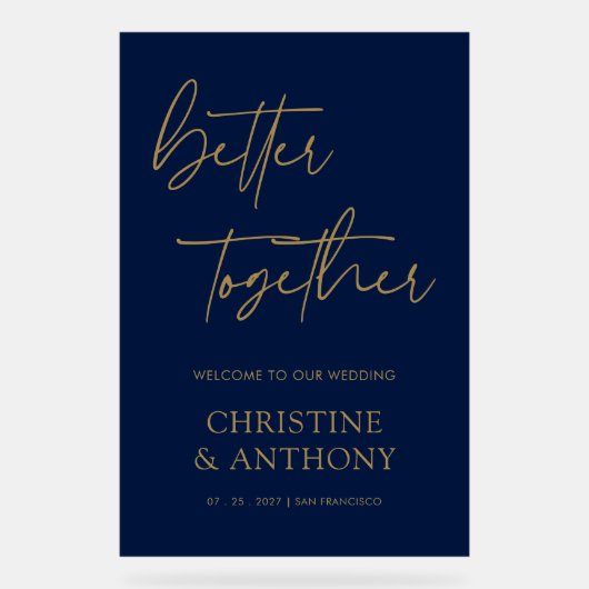 ネイビパーソナライズされたーと金ゴールドが一緒に結婚良い アクリルサイン (正面)