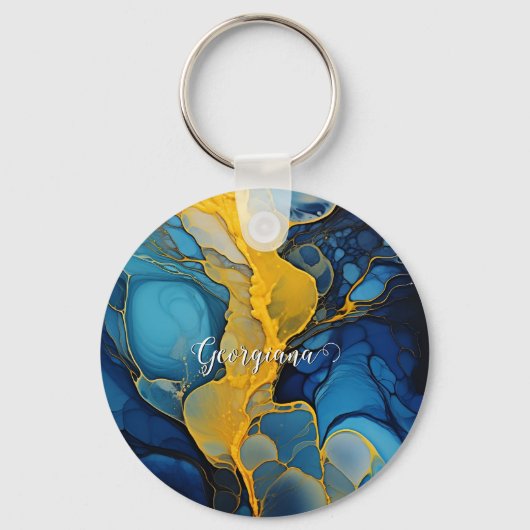 ネイビパーソナライズされたーと金ゴールドインクフルード芸術 キーホルダー (裏面)