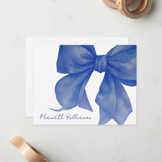 ネイビパーソナライズされたーエレガントブルーボウ名 ノートカード (正面/裏面インサイチュ)