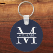 ネイビパーソナライズされたーエレガント・ブルー・モノグラムと名前 キーホルダー (正面)