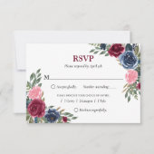 ネイビパーソナライズされたーブルブルゴーニュフローラRSVPカード 出欠カード (正面)