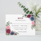 ネイビパーソナライズされたーブルブルゴーニュフローラRSVPカード 出欠カード (スタンド正面)