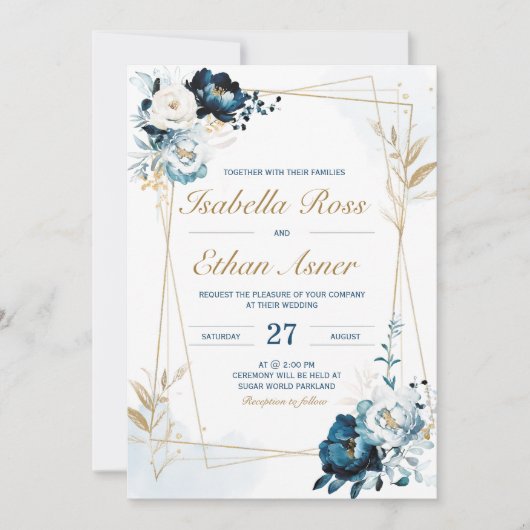 ネイビパーソナライズされたーブルーと金ゴールド結婚バンドル 招待状 (正面)